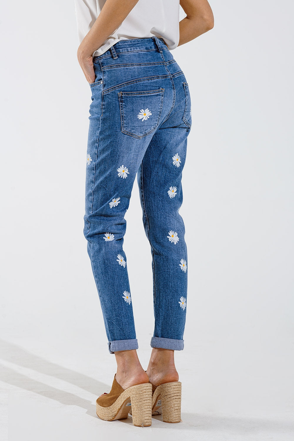Skinny jeans met bedrukte witte madeliefjes in mid wash