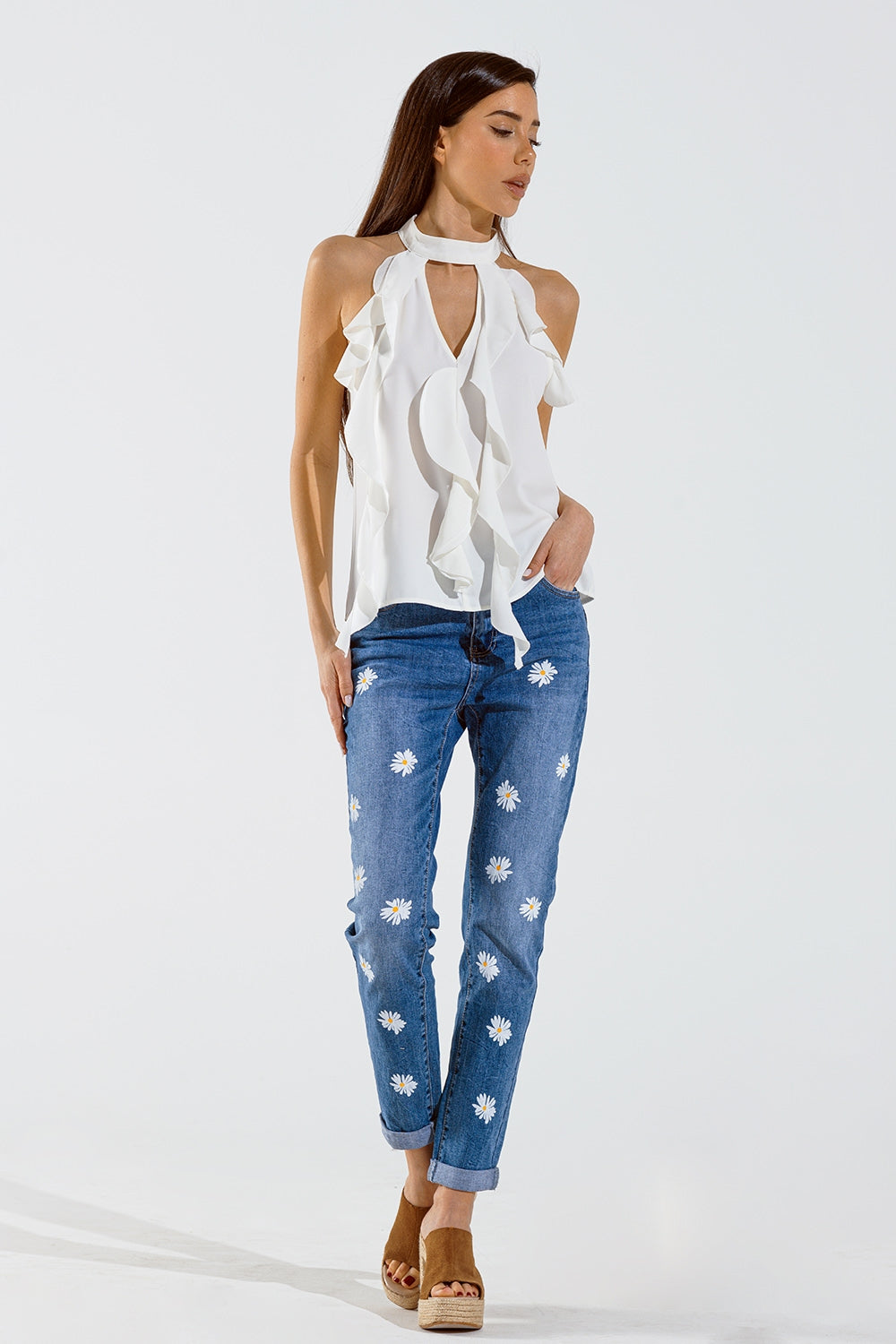 Skinny jeans met bedrukte witte madeliefjes in mid wash