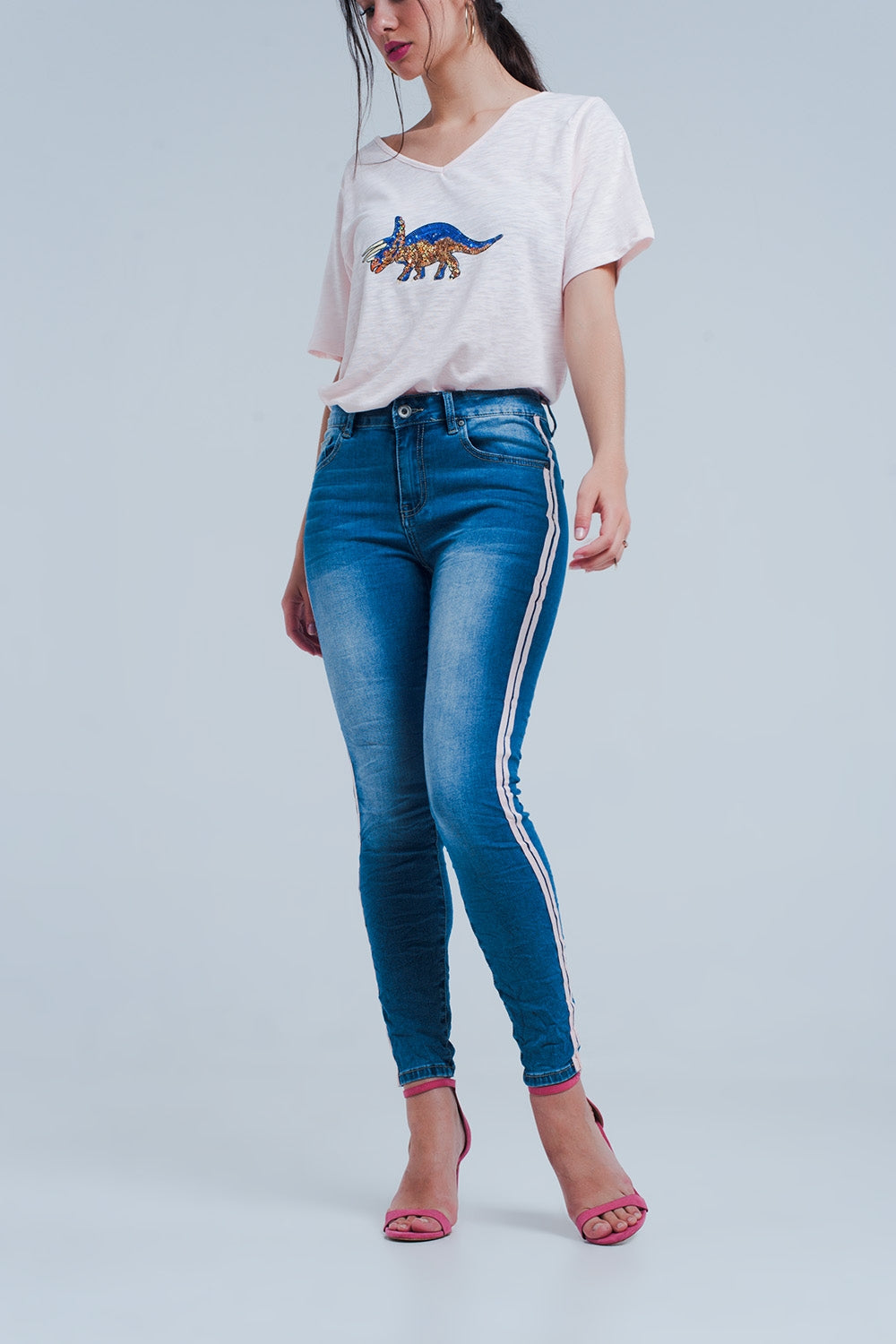 Skinny jeans with side seam stripes