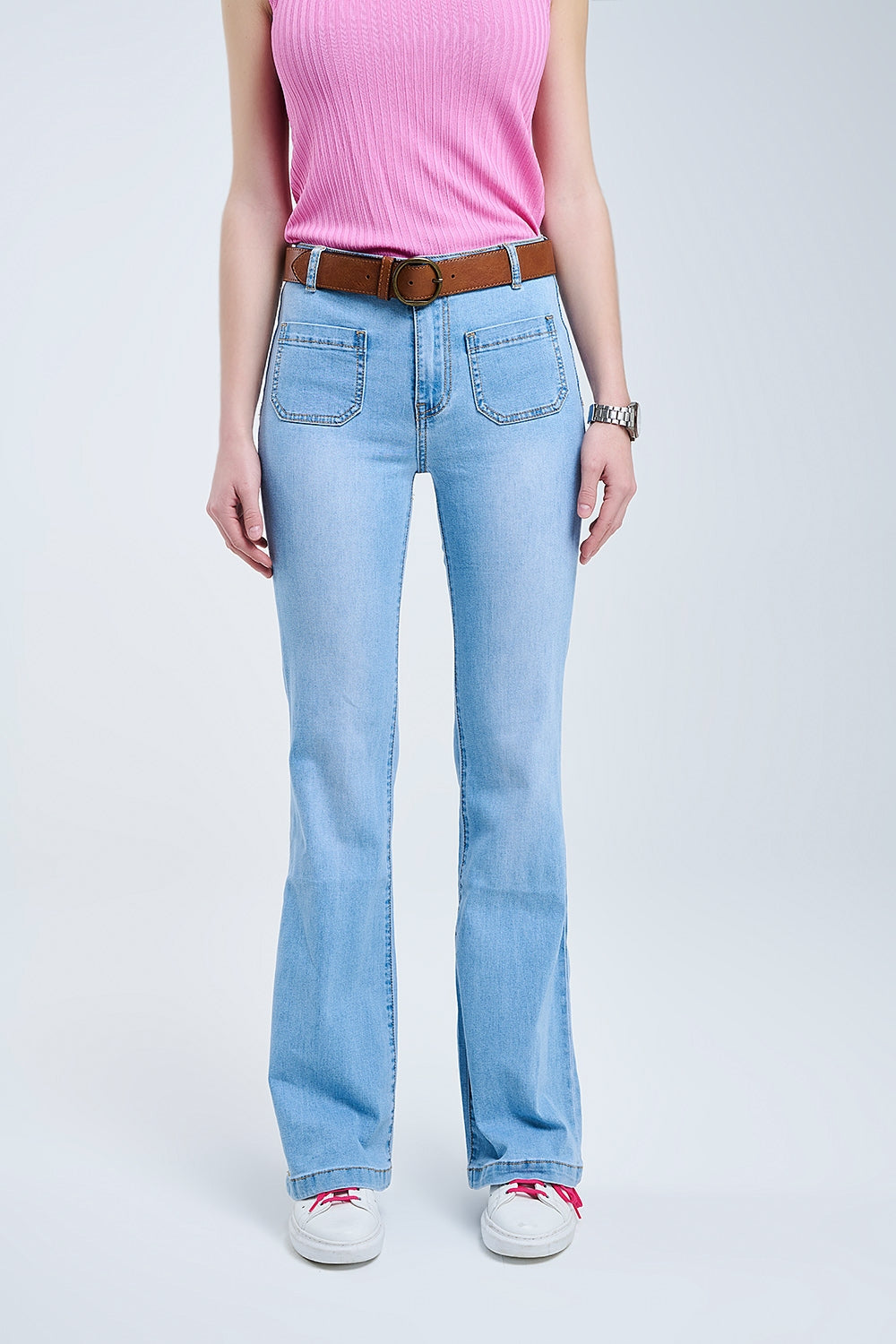 Q2 Skinny Light Wash Flare Jeans With Front Pockets