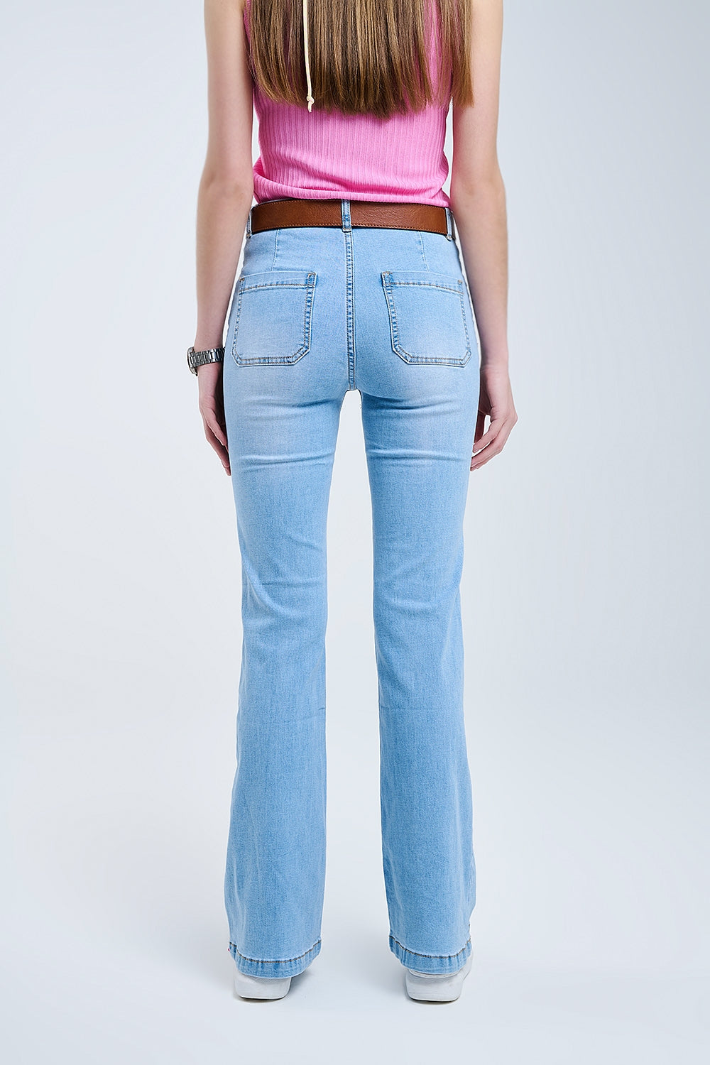 Skinny Light Wash Flare Jeans With Front Pockets