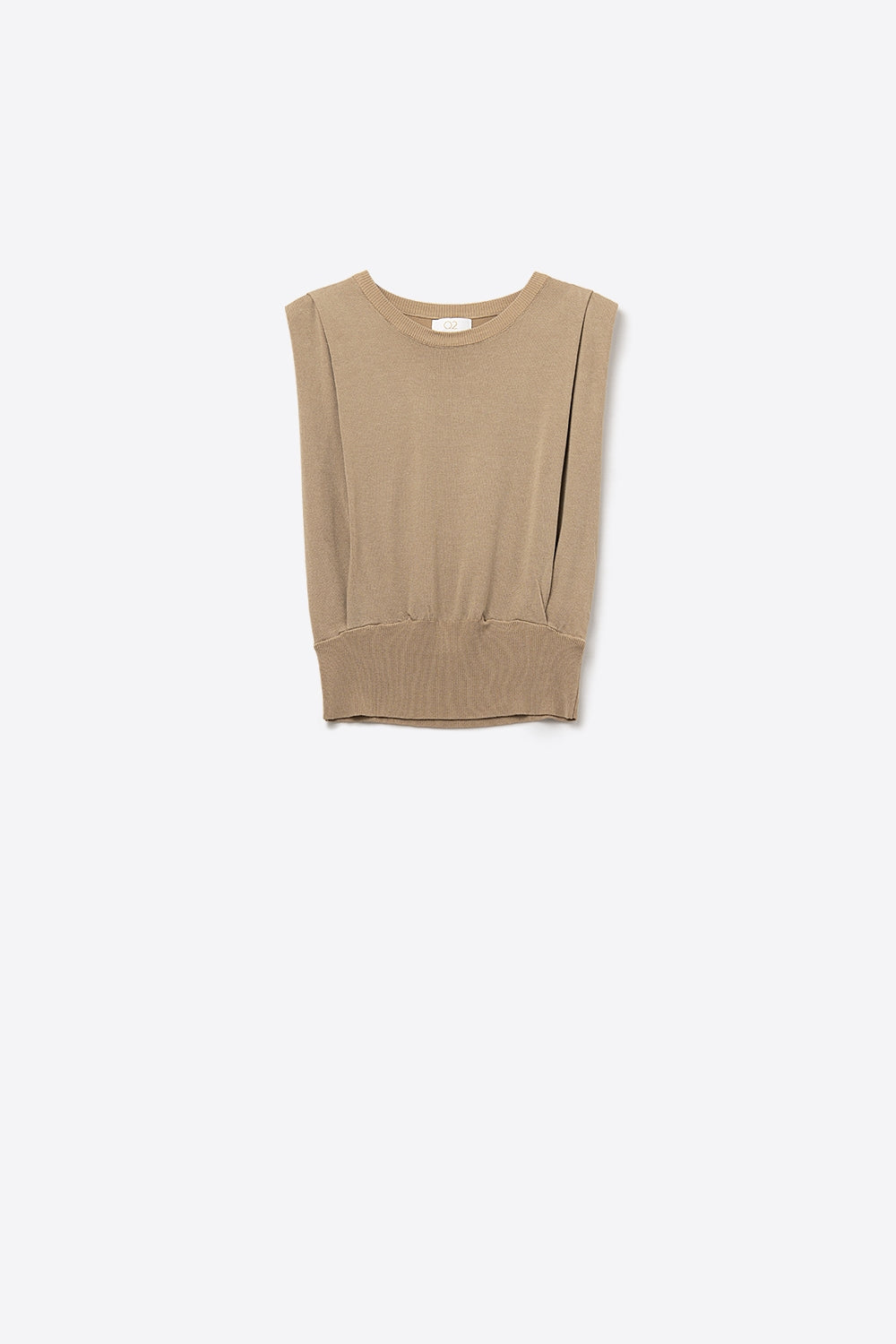 Q2 Sleeveless knit top with draped shoulders in camel