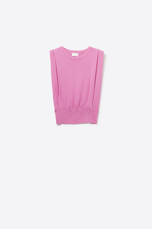 Q2 Sleeveless Knited Top With Shoulder Drape in Fuchsia