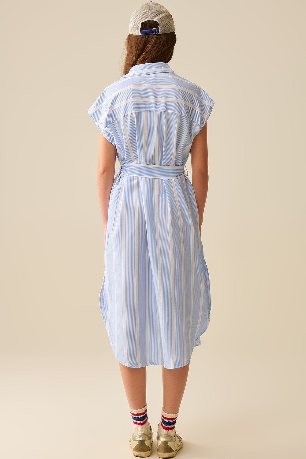 Sleeveless maxi Shirt Dress in Blue and White Stripes