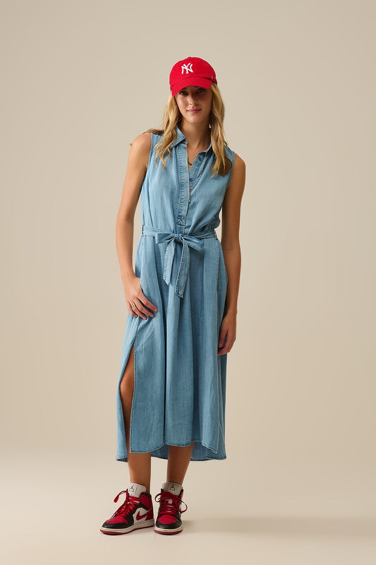 Q2 Sleeveless tencel fabric shirt dress in Blue