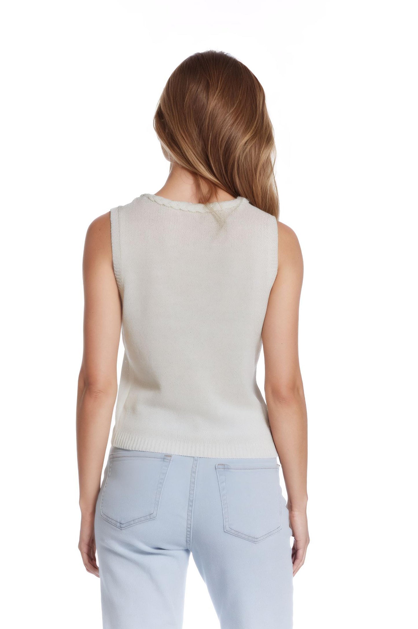 Sleeveless white Sweater With Crew Neckline And Braid Detail At Neckline