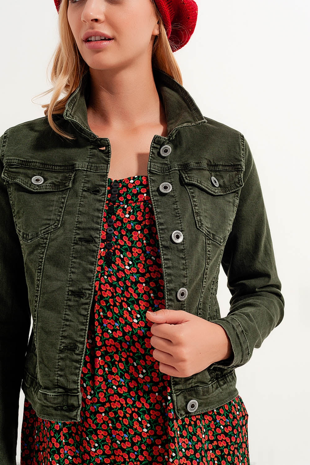 Slim denim truckerjack in groen