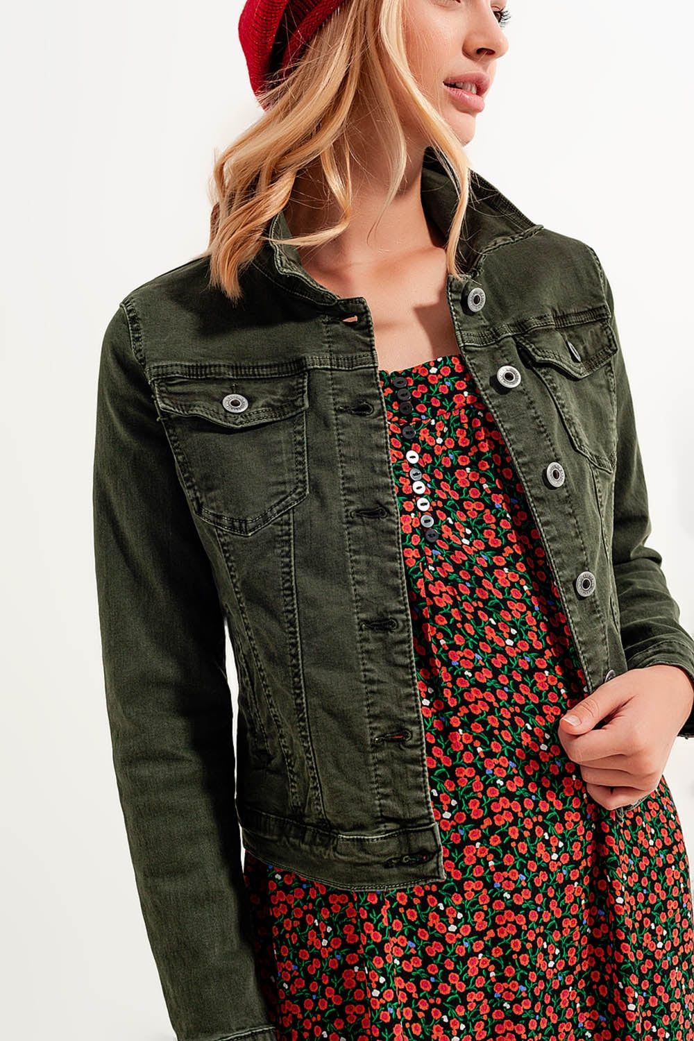 Slim denim truckerjack in groen