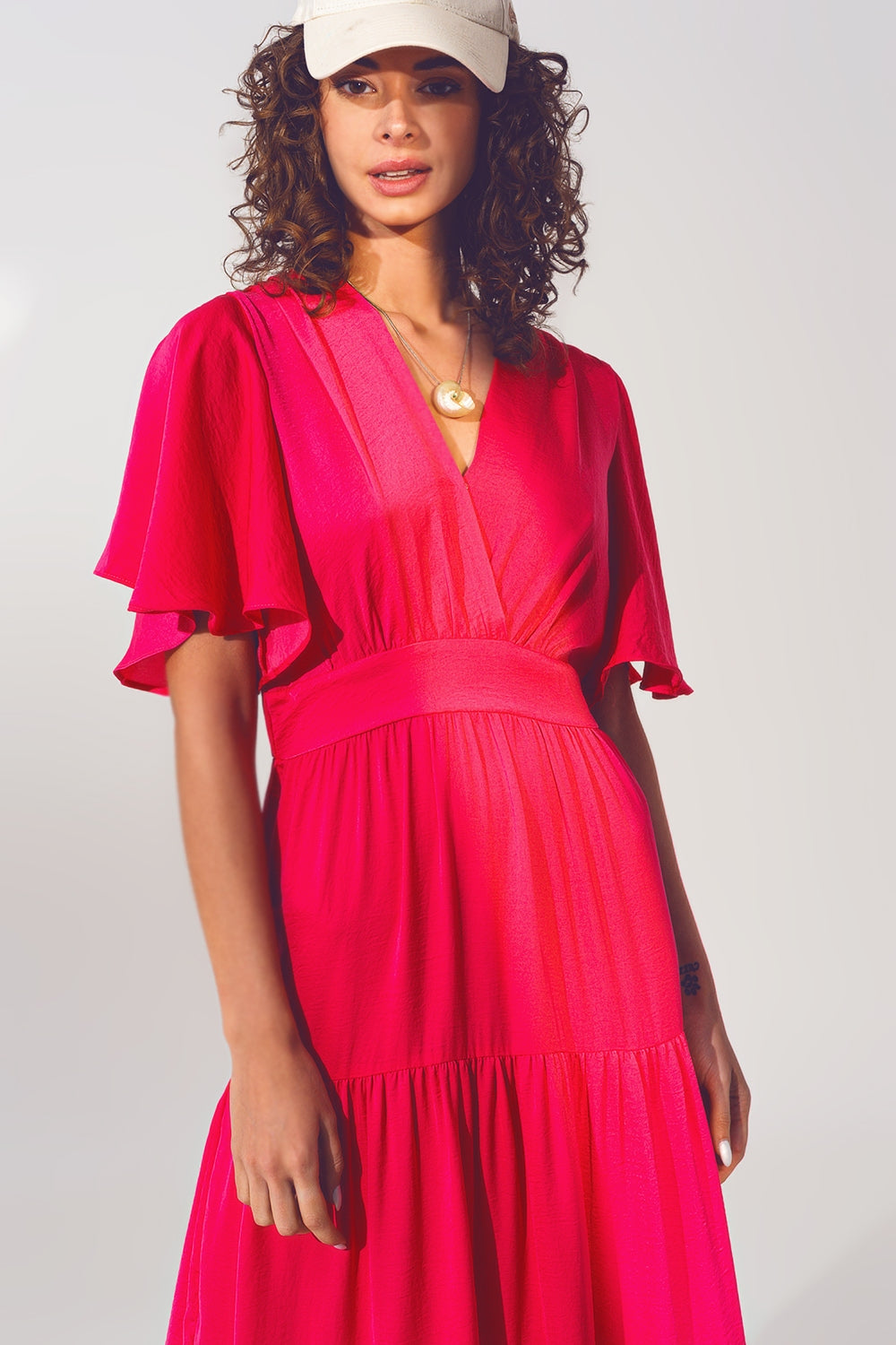 Smock V Neck Maxi Dress in fucsia