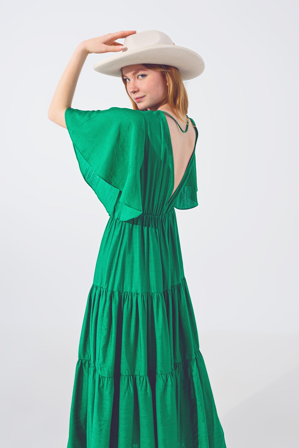 Smock V Neck Maxi Dress in Green
