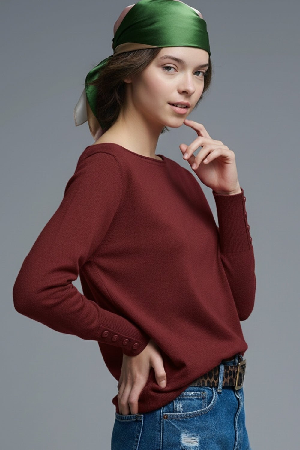 Soft knit Burgundy Sweater with sleeve button details
