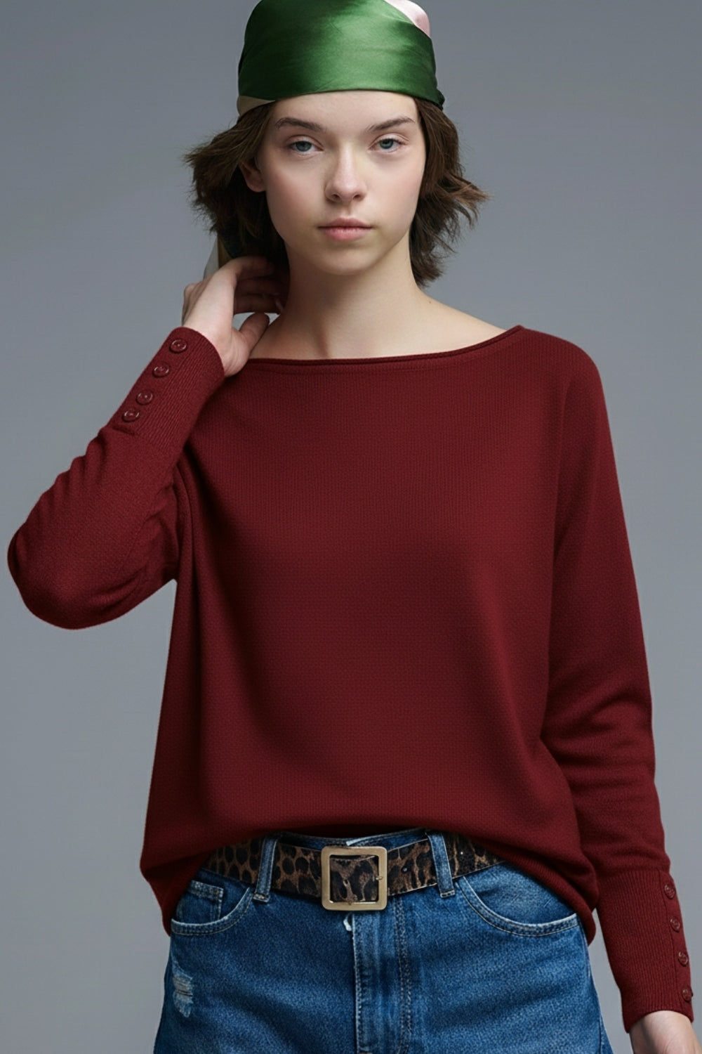 Soft knit Burgundy Sweater with sleeve button details