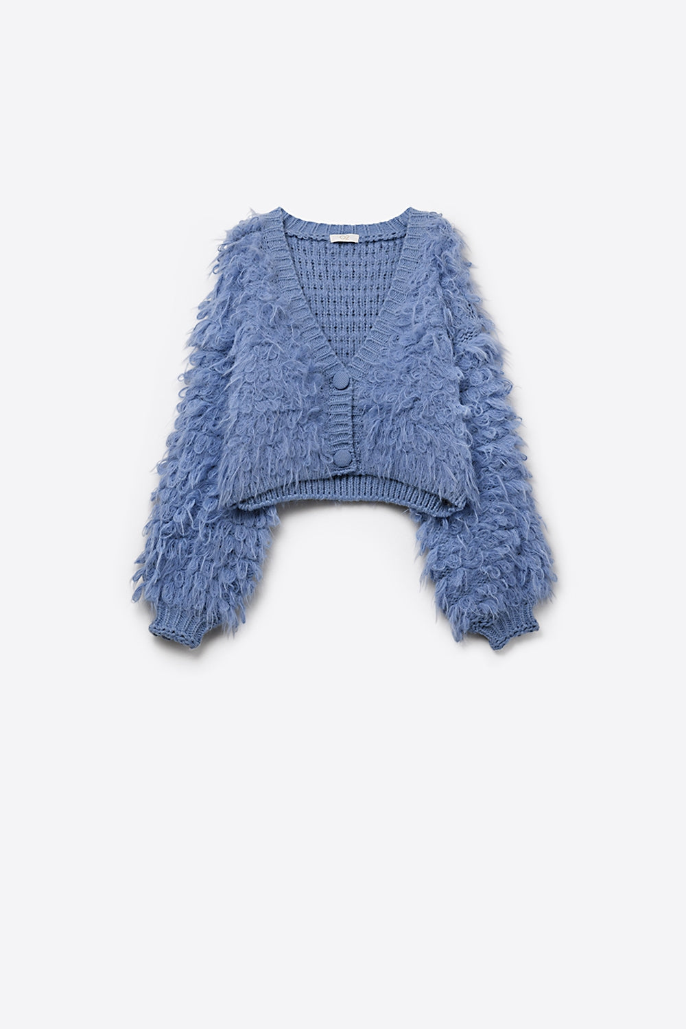 Soft knit cardigan in a chunky shag style in blue