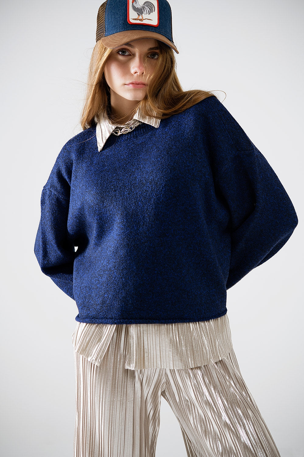 Soft knit navy jumper with balloon sleeves