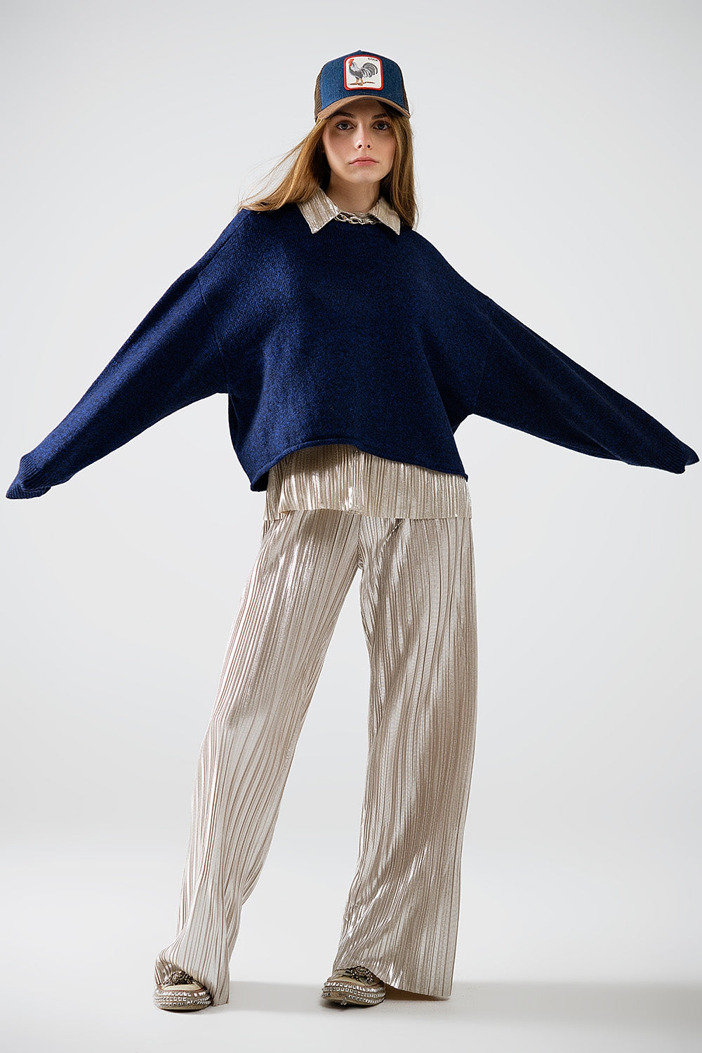 Soft knit navy jumper with balloon sleeves