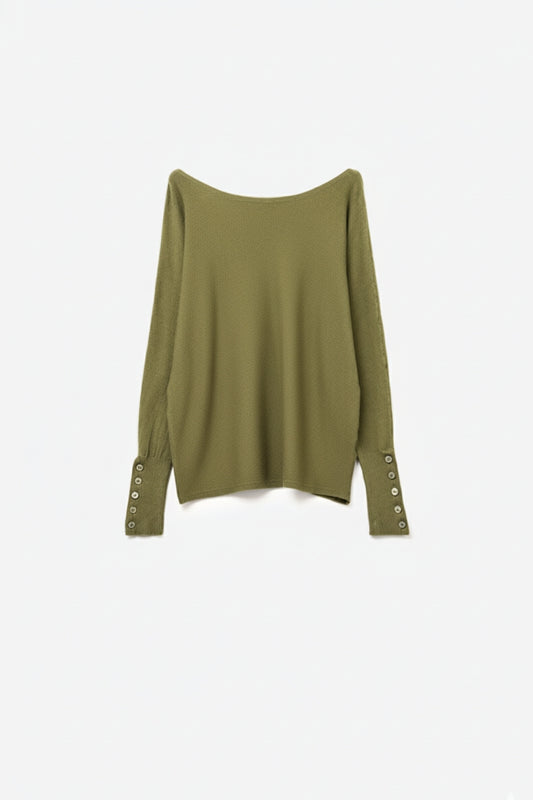 Q2 Soft knit olive green Sweater with sleeve button details