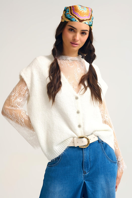 Q2 Soft Knit Sleeveless Cardigan Vest with Lace Trim