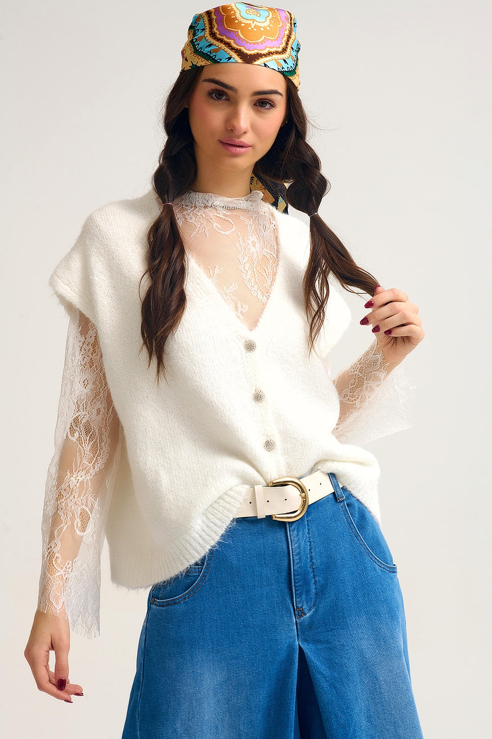 Soft Knit Sleeveless Cardigan Vest with Lace Trim