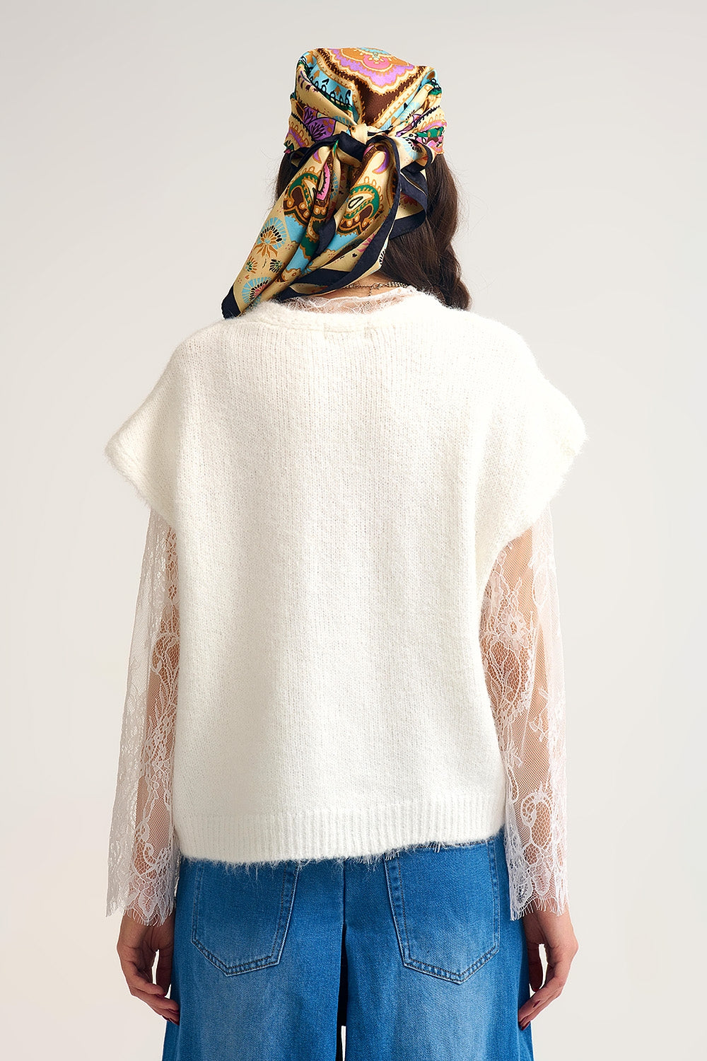 Soft Knit Sleeveless Cardigan Vest with Lace Trim