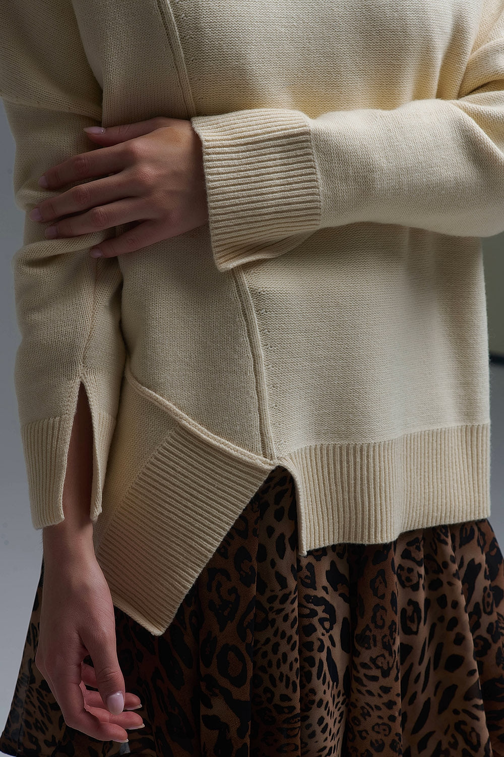Soft knitted Asymmetric Turtleneck Sweater in beige