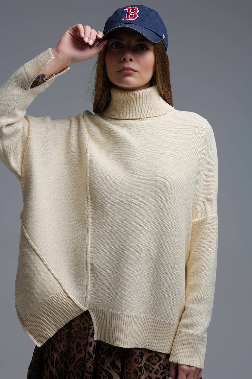 Soft knitted Asymmetric Turtleneck Sweater in beige
