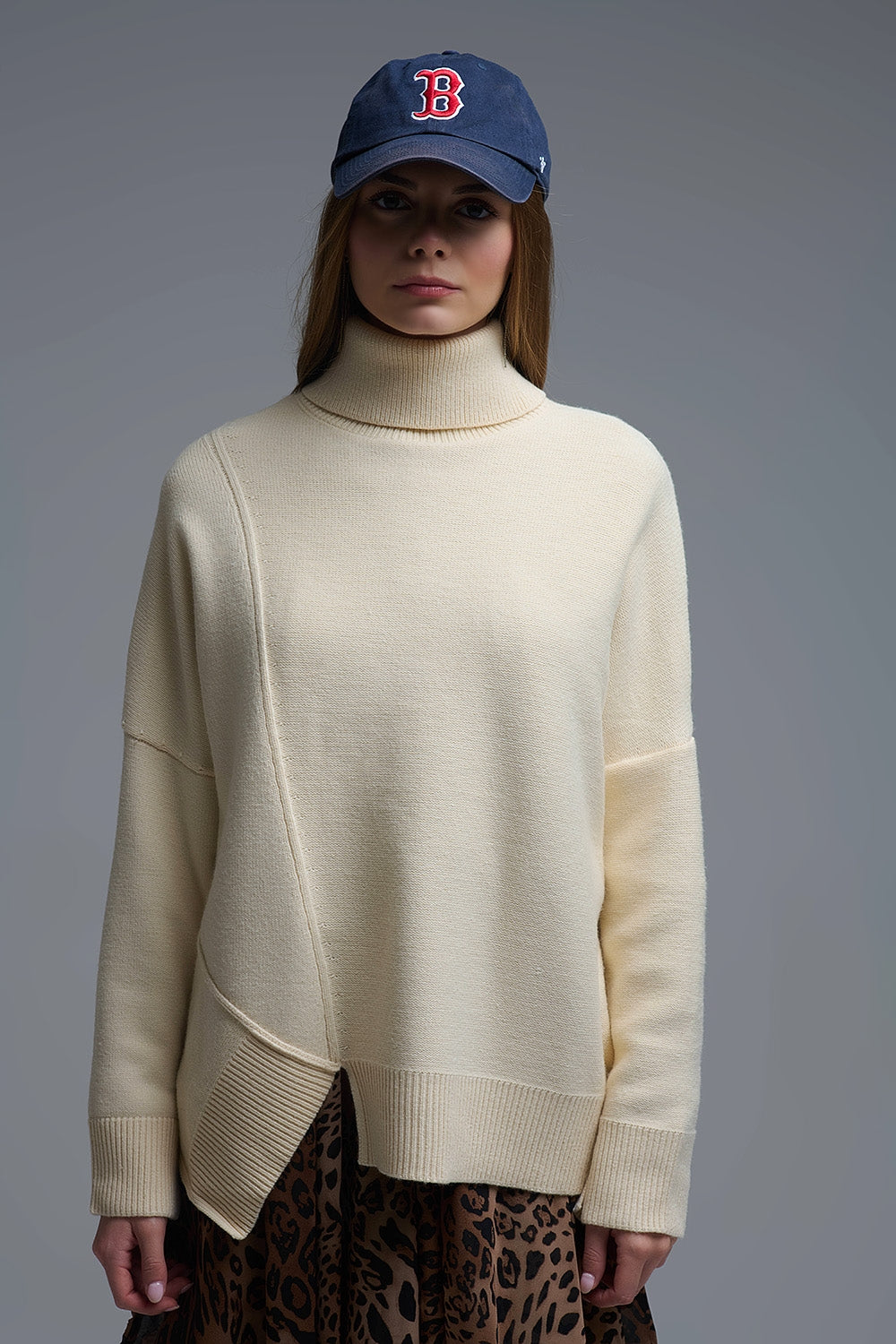 Q2 Soft knitted Asymmetric Turtleneck Sweater in beige
