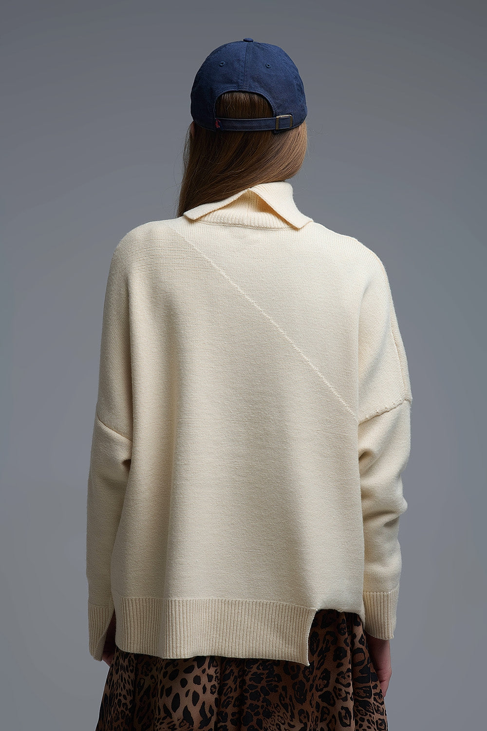Soft knitted Asymmetric Turtleneck Sweater in beige