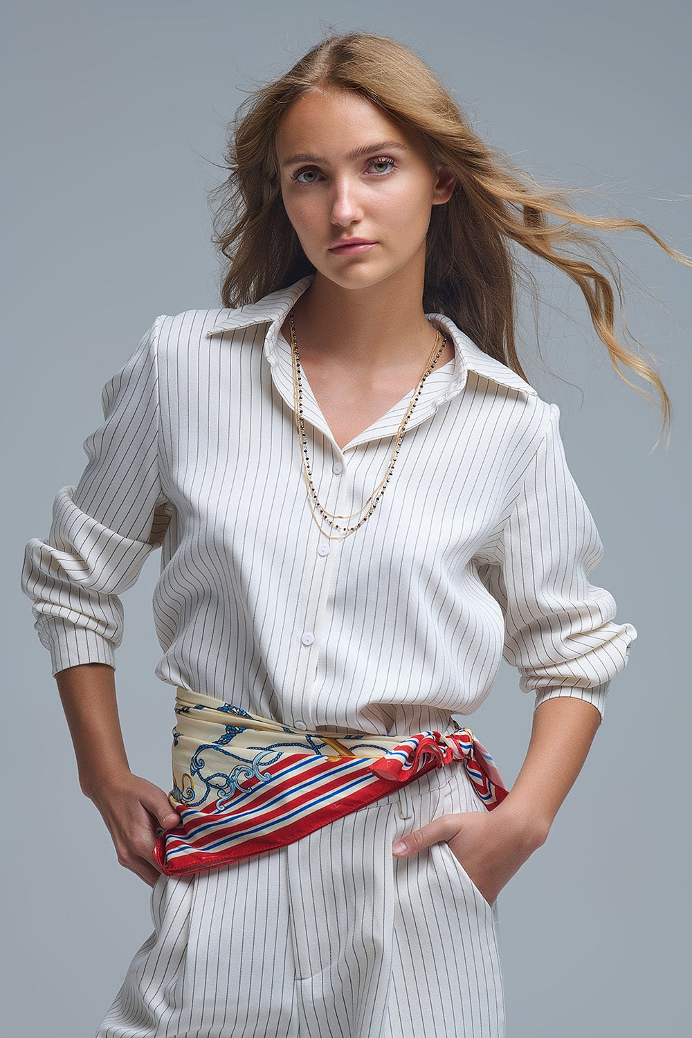 Q2 Sophisticated Pinstripe Cream-Striped High-Neck Shirt