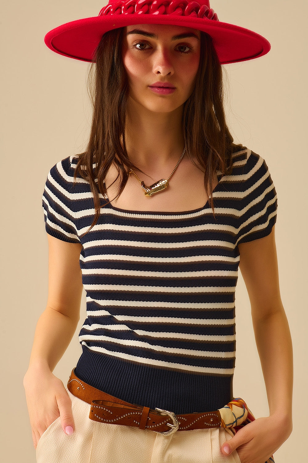 Q2 Square neck Stripped Sweater in navy and White