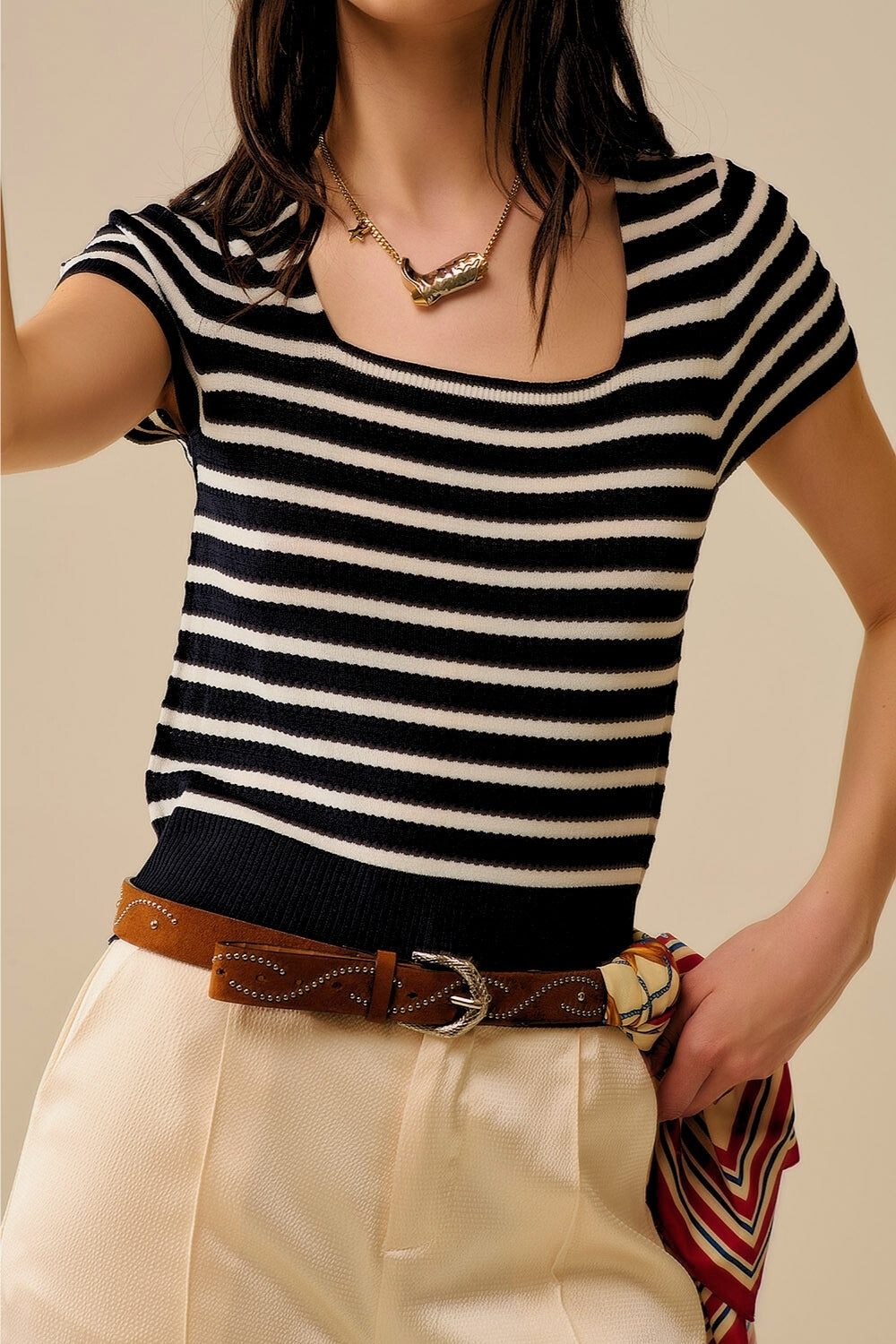 Q2 Square neck Stripped Sweater in White and Black