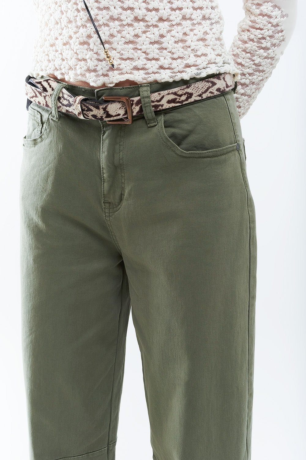 Straight Ankle-Length Pants in khaki with Knee Seam Detail