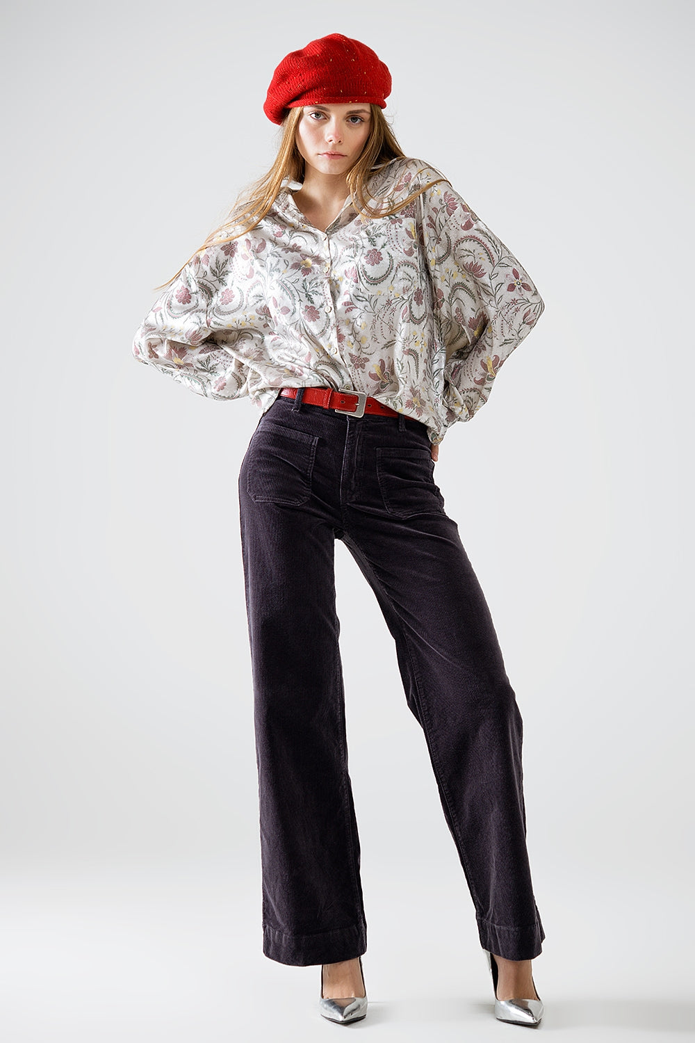 Rechte corduroy jeans in donkergrijs met zakken