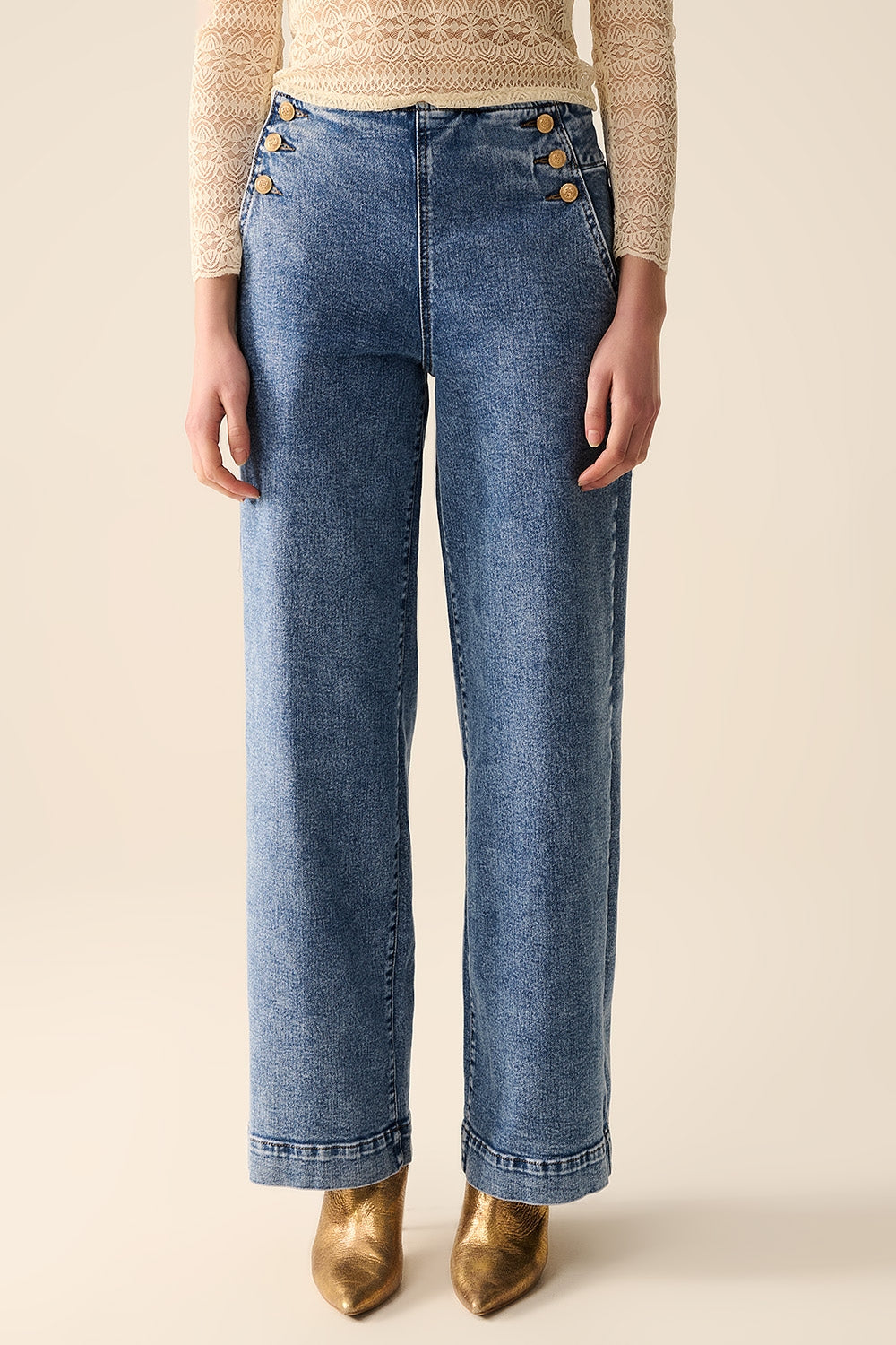 Q2 Straight Leg Marine Jeans With Gold Buttons in Mid Wash