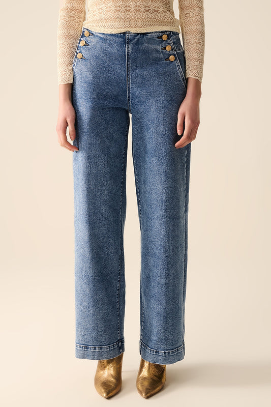 Q2 Straight Leg Marine Jeans With Gold Buttons in Mid Wash