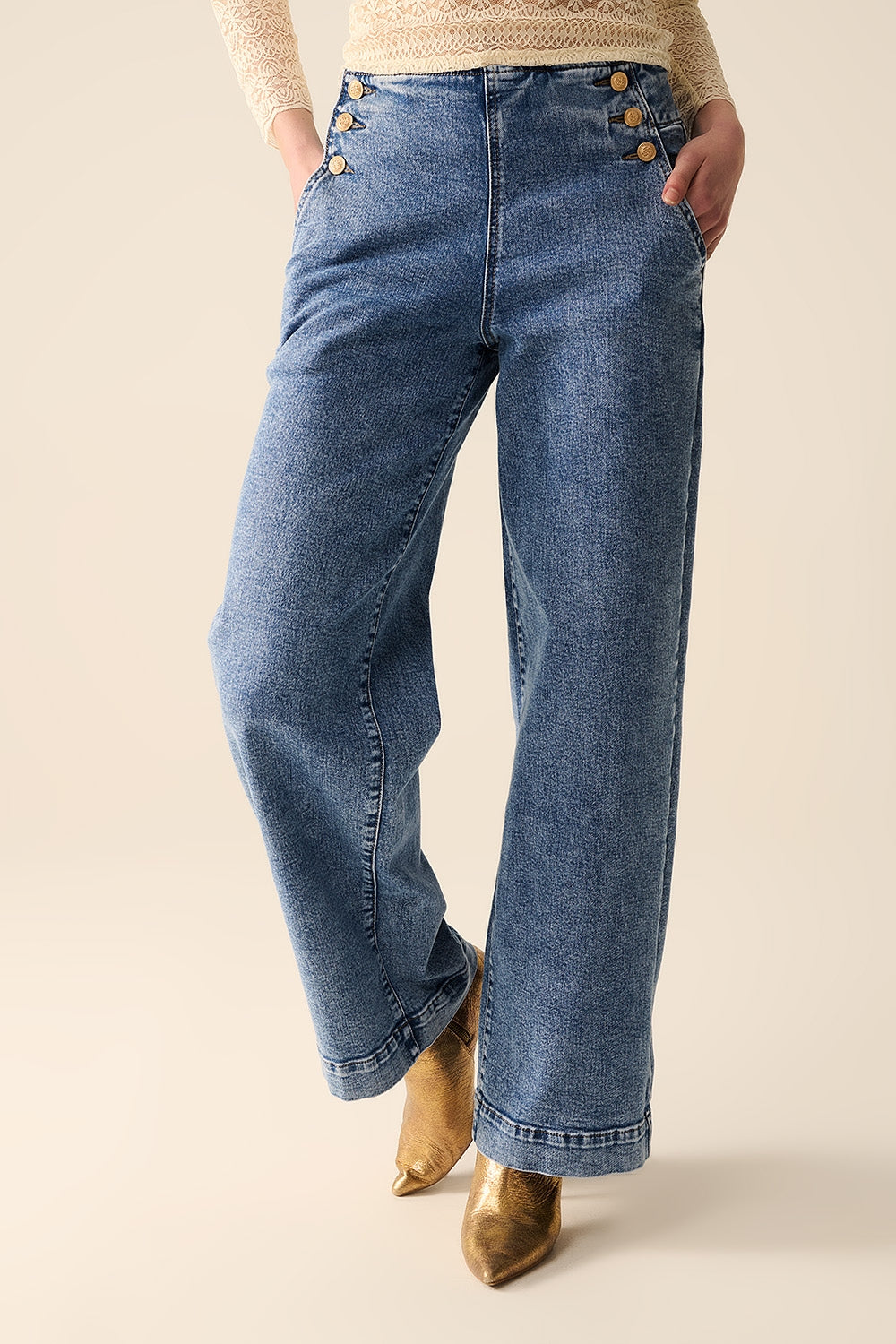 Straight Leg Marine Jeans With Gold Buttons in Mid Wash