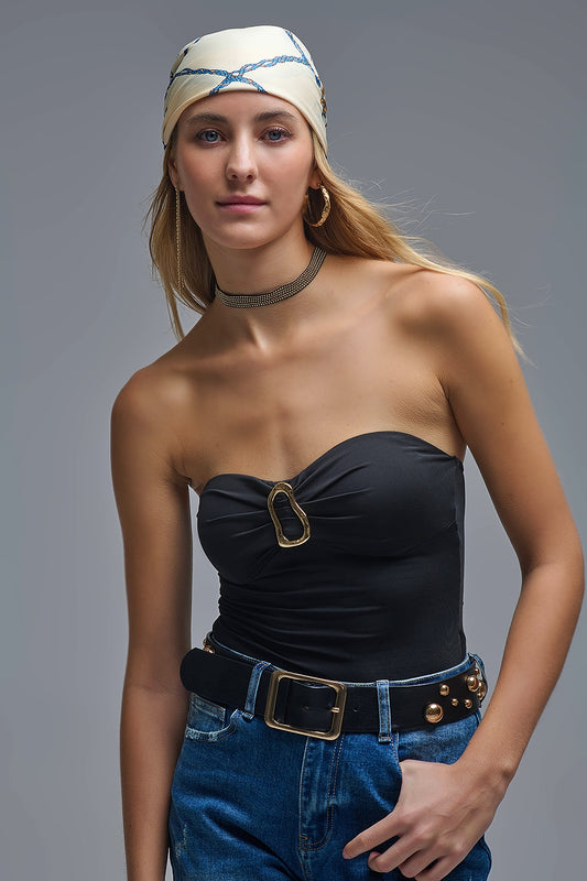 Q2 Strapless Bodysuit in black with Gold metal Detail