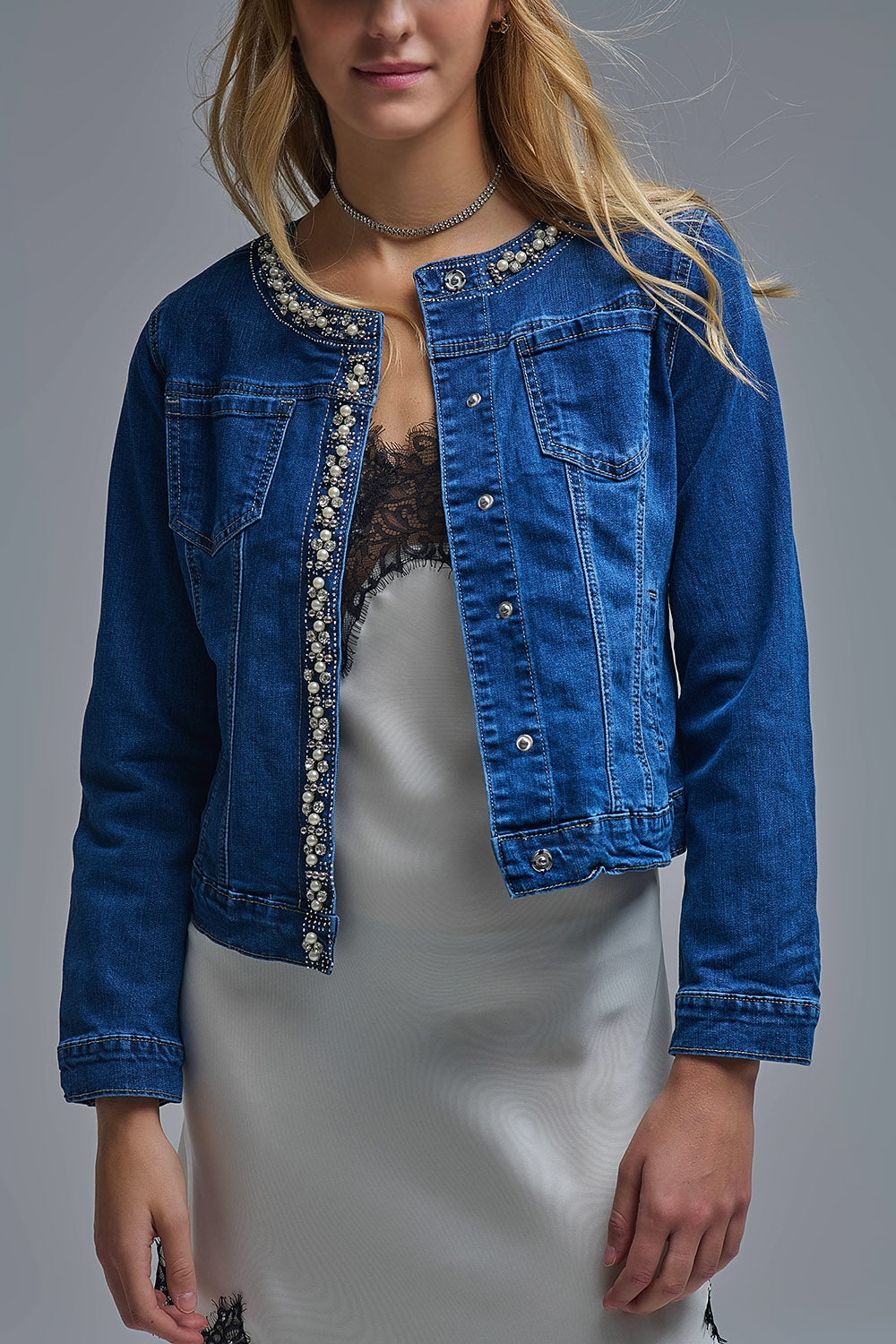 Stretch Denim Embellished Denim Jacket in Blue