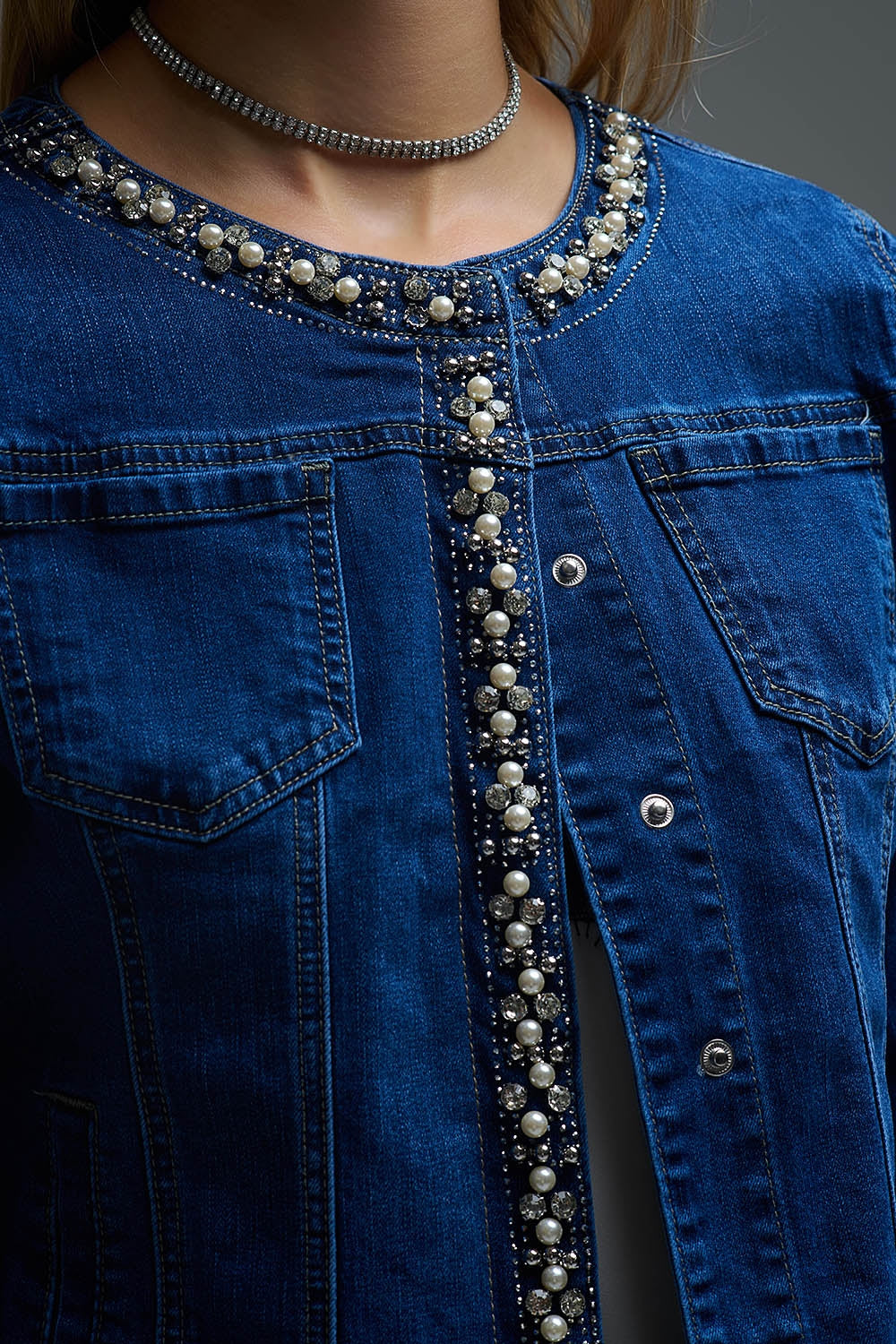 Stretch Denim Embellished Denim Jacket in Blue