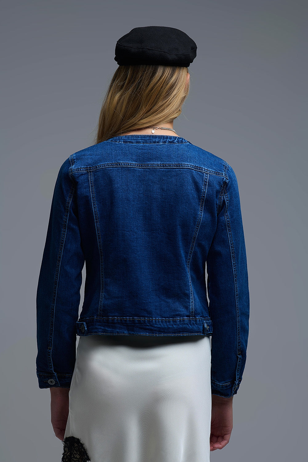 Stretch Denim Embellished Denim Jacket in Blue