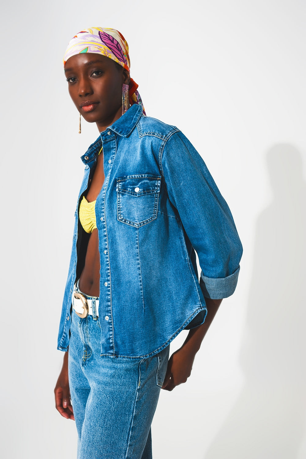 Stretch denim shirt in mid blue