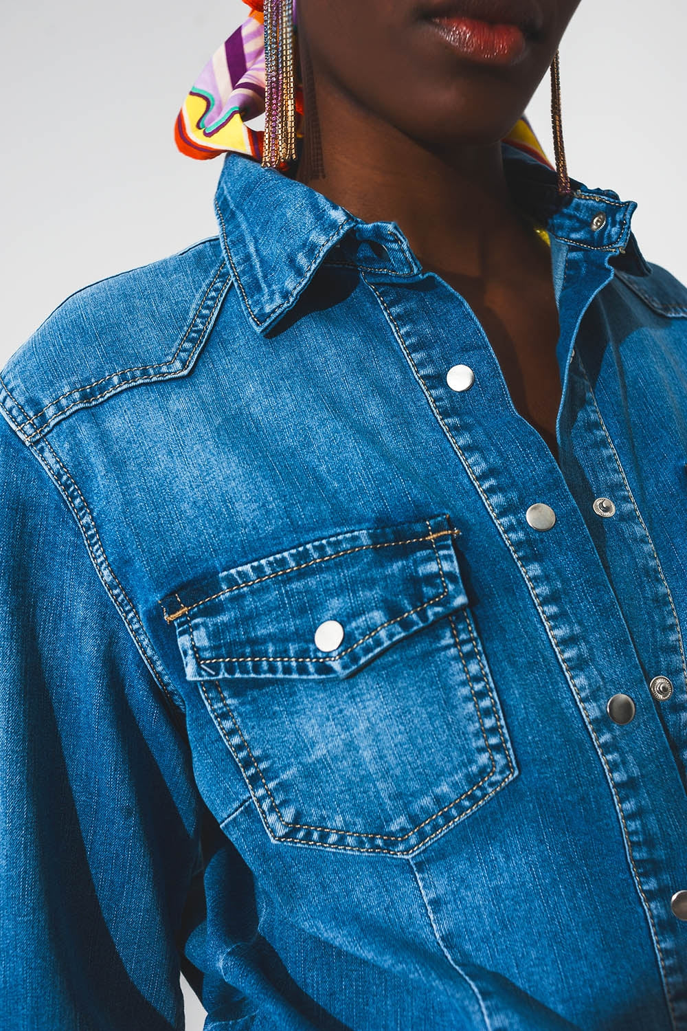Stretch denim shirt in mid blue