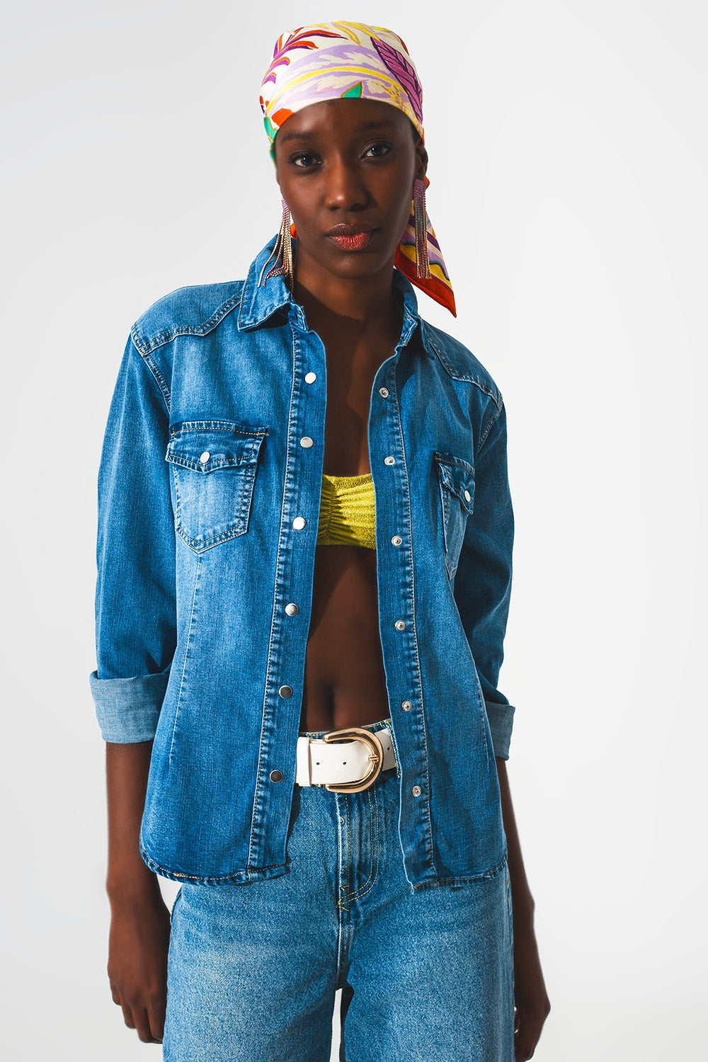 Q2 Stretch denim shirt in mid blue
