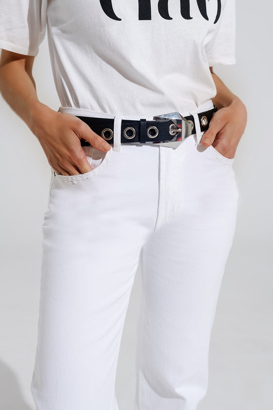 Stretch Denim Straight Jeans With 5 Pockets in White