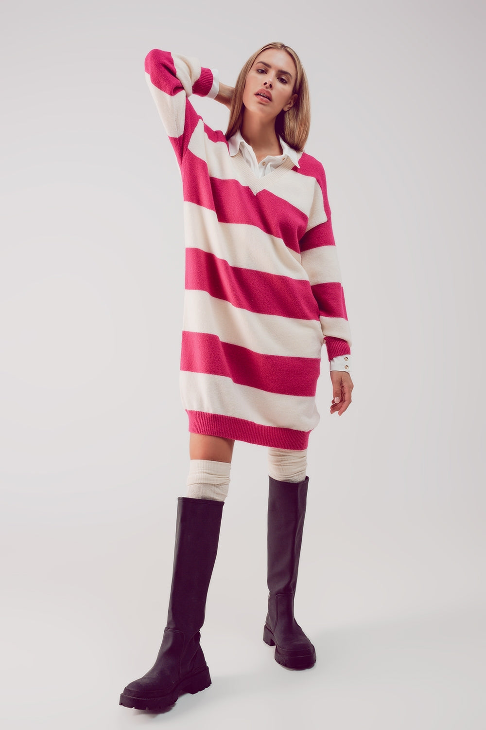 Stripe jumper dress in fuchsia