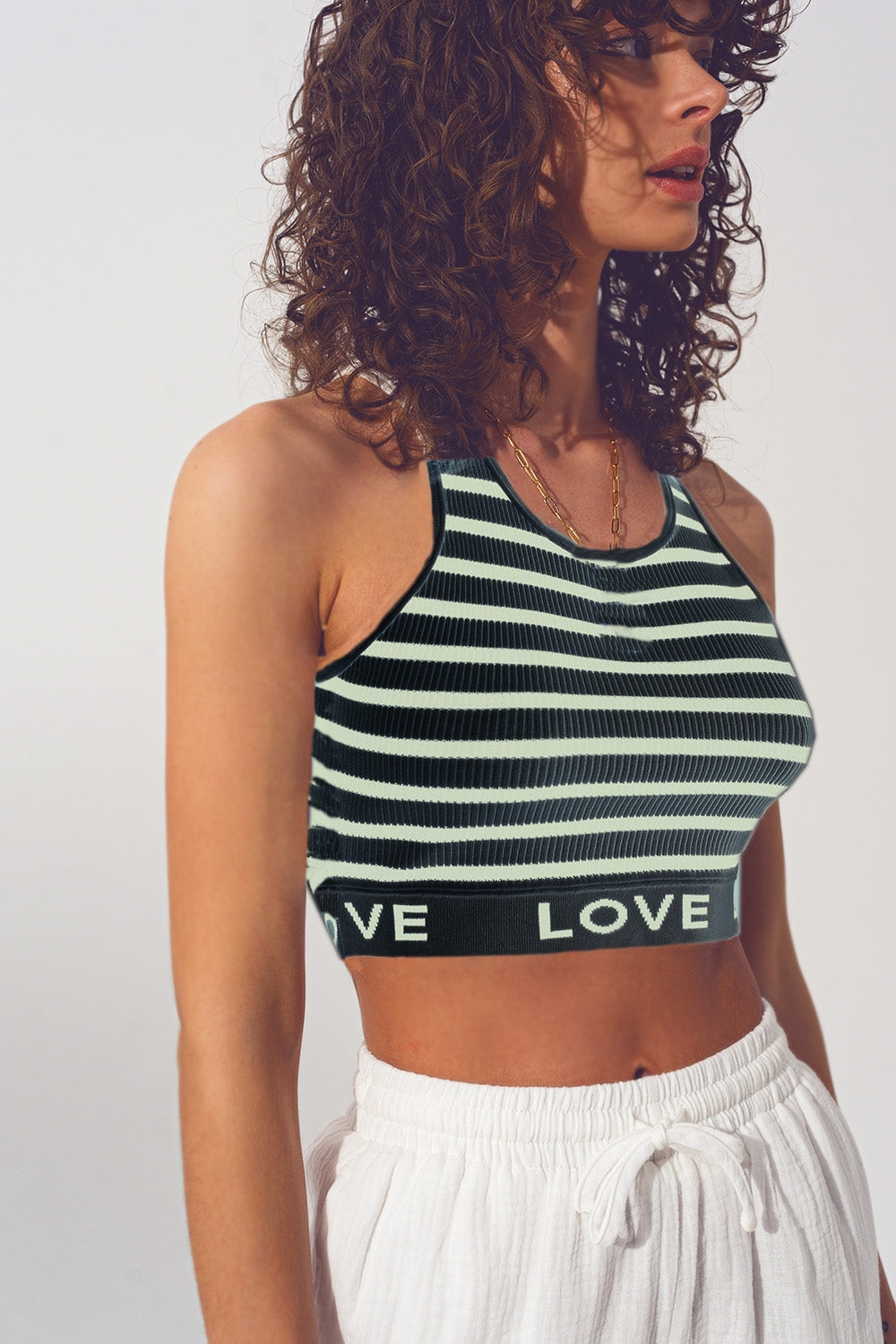 Gestreepte crop top met Love-tekst in zwart en beige