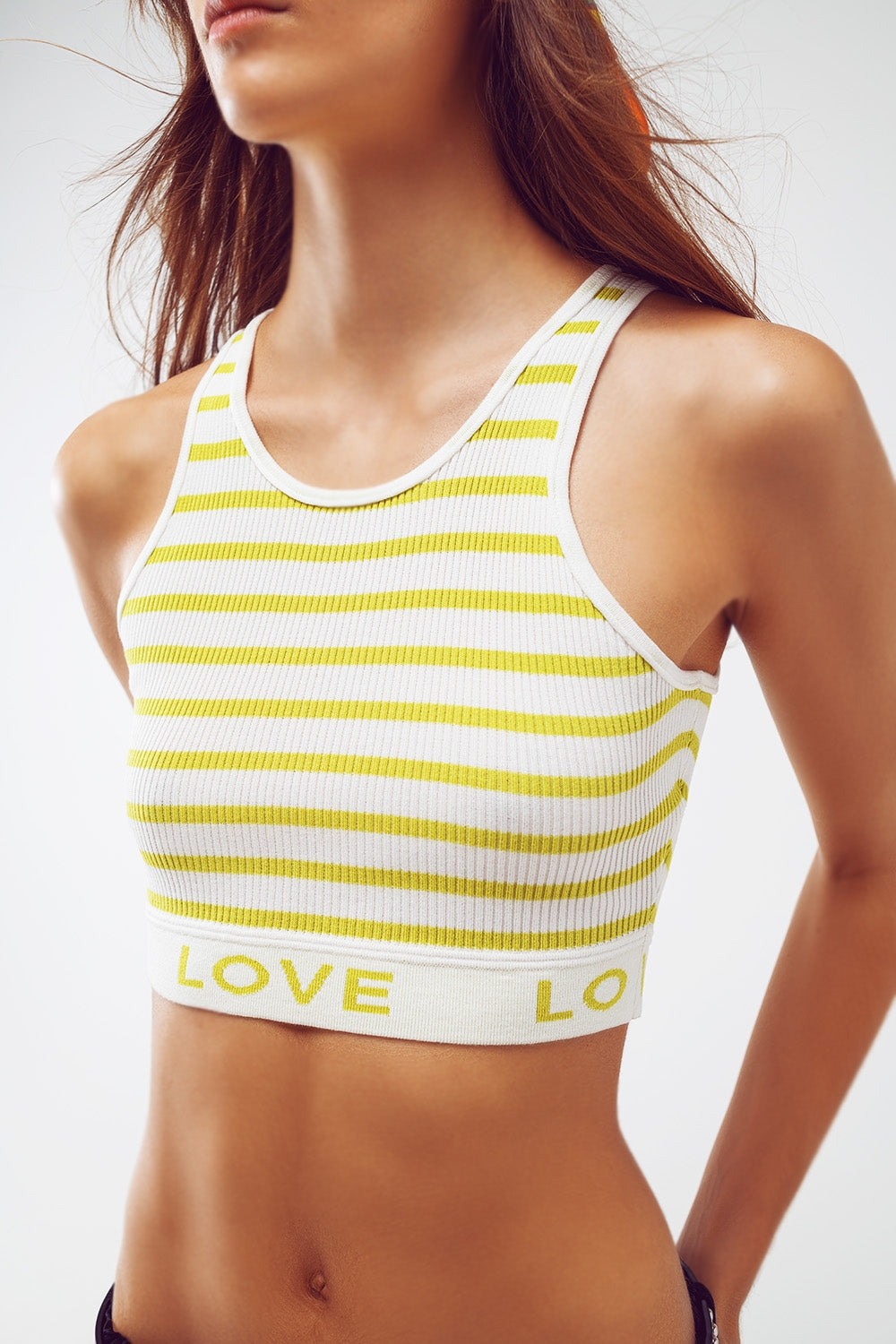 Striped Cropped Top with Love Text in Lime Green