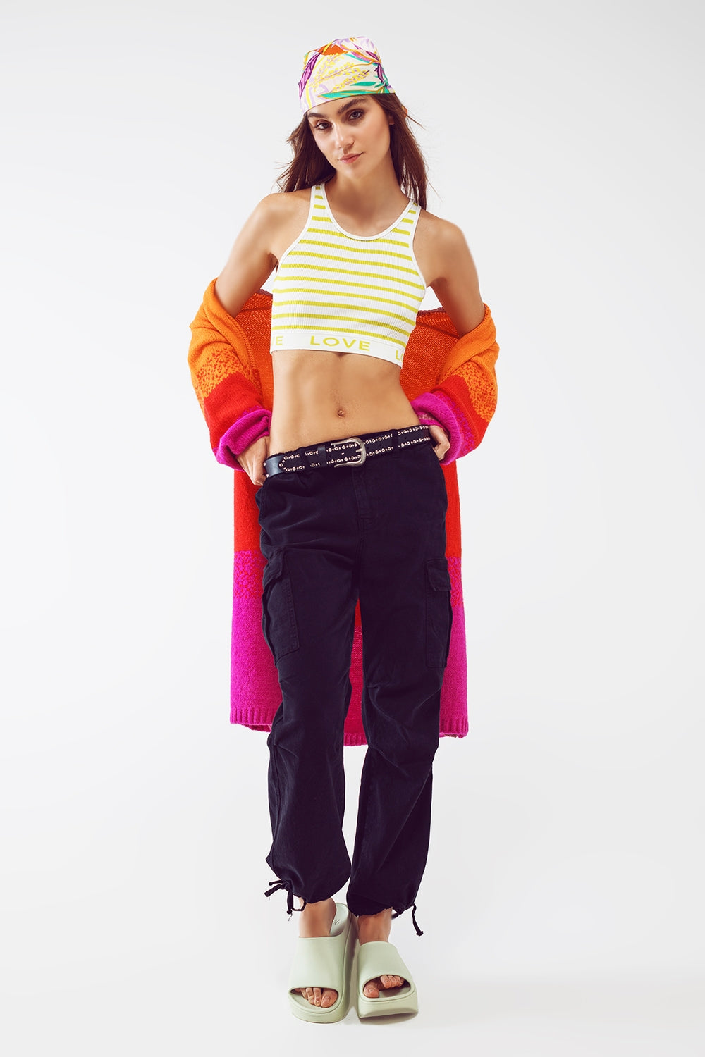 Striped Cropped Top with Love Text in Lime Green