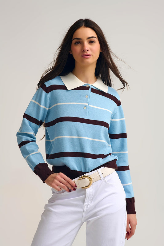 Q2 Striped Knit Polo Sweater in blue with white Collar