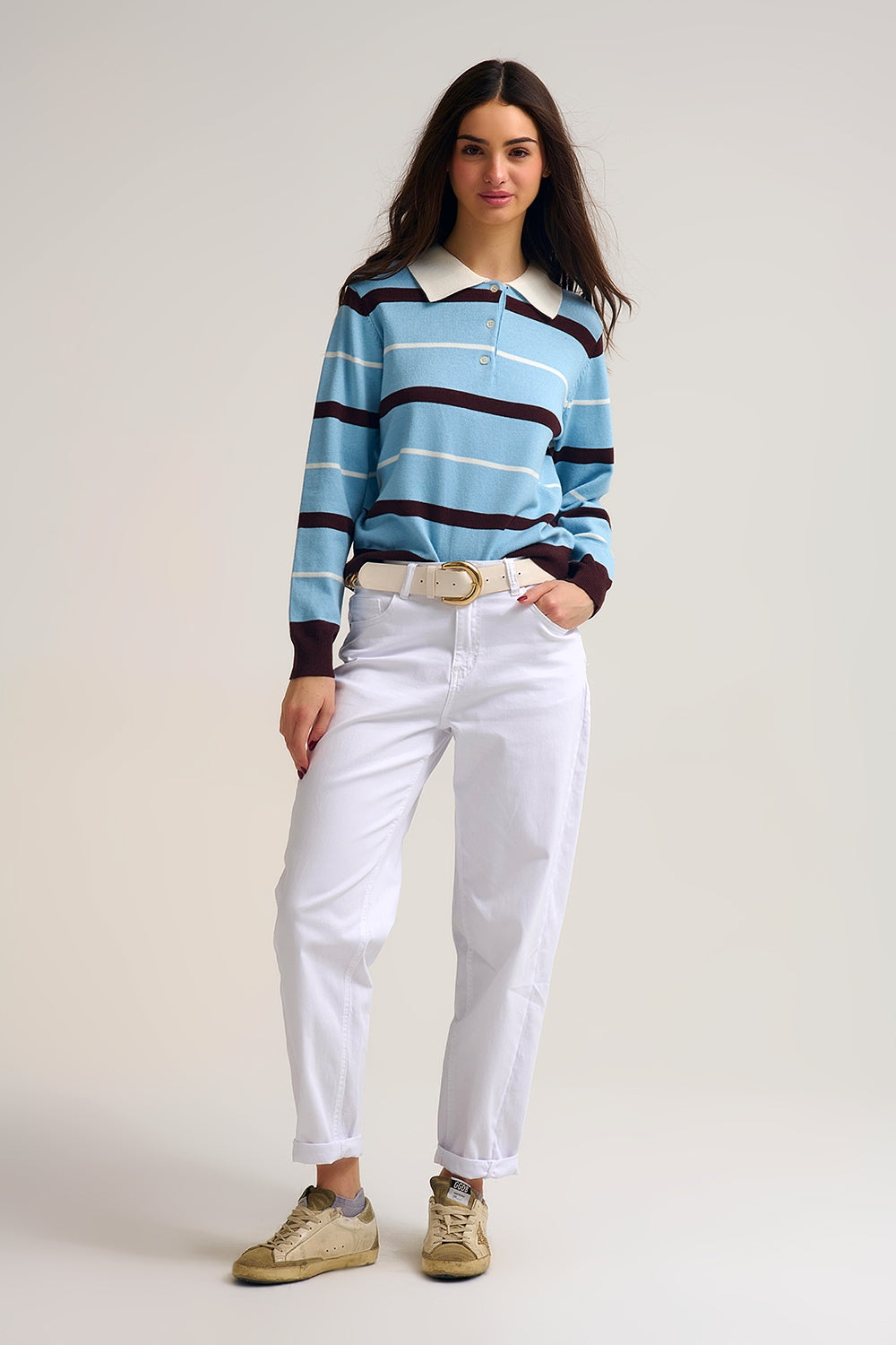 Striped Knit Polo Sweater in blue with white Collar