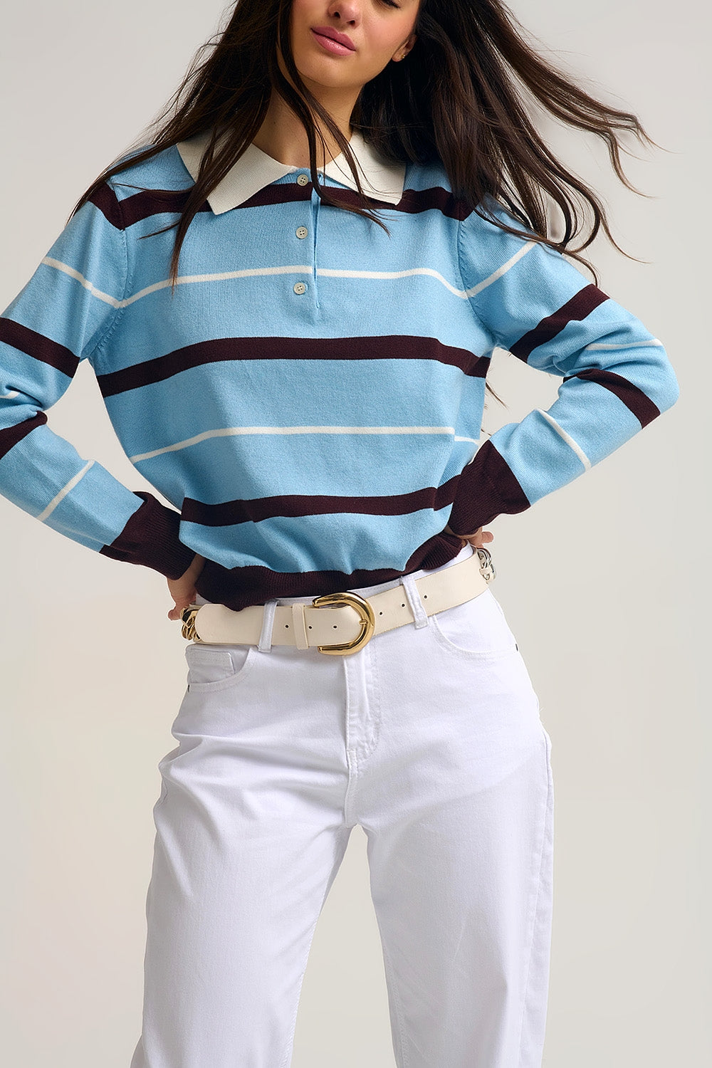 Striped Knit Polo Sweater in blue with white Collar